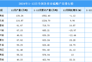 2024年全国各省市硫酸产量排行榜