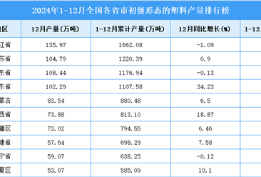 2024年全国各省市初级形态的塑料产量排行榜