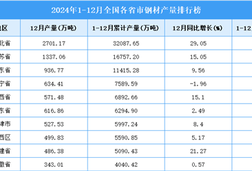 2024年全国各省市钢材产量排行榜