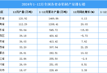 2024年全国各省市铝材产量排行榜