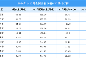 2024年全国各省市铜材产量排行榜