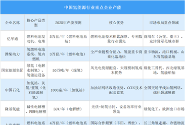 2025年中国氢能源行业重点企业产能预测（图）