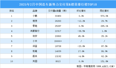 2025年2月中国造车新势力交付量&销量排行榜TOP10（附榜单）