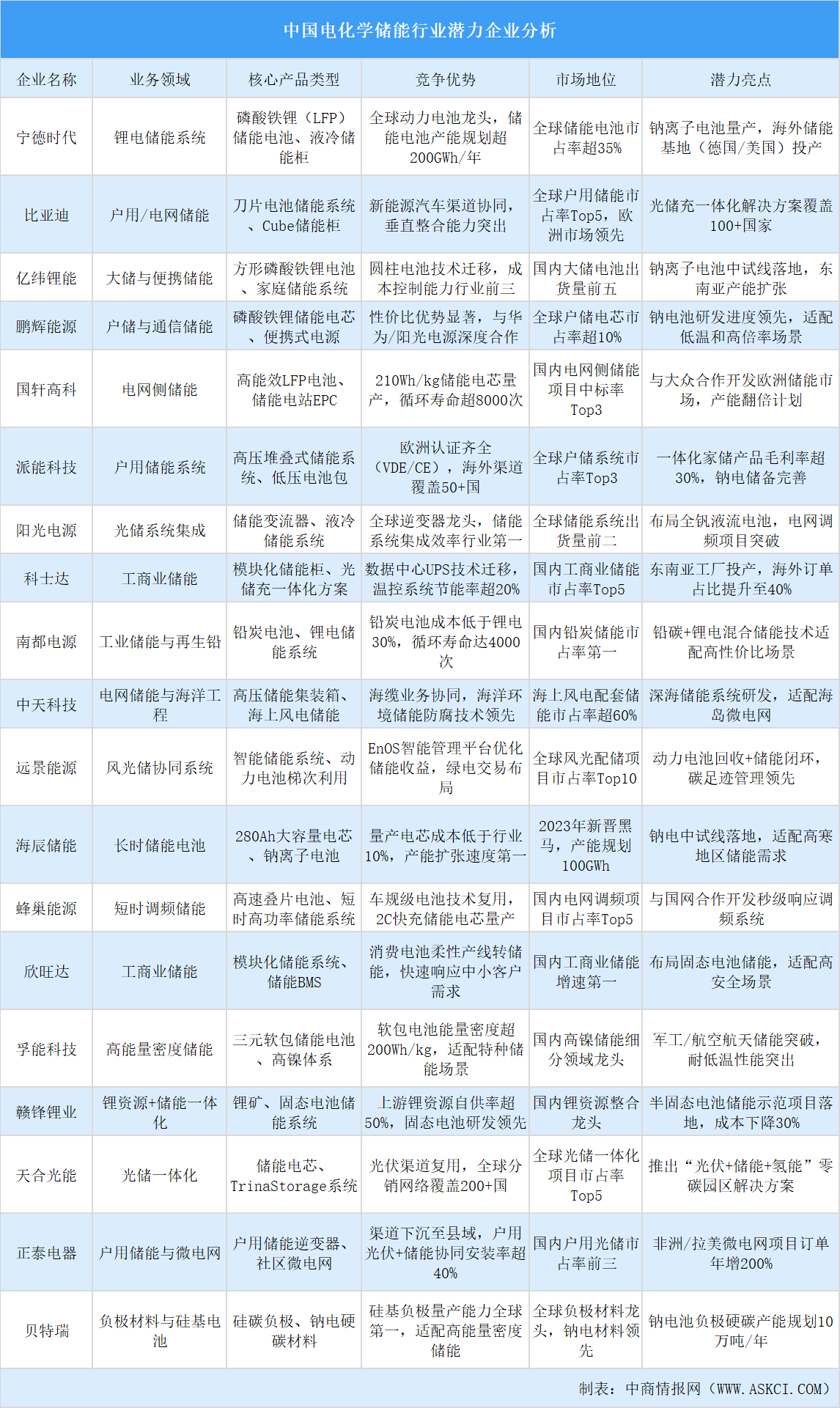 2025年中國(guó)電化學(xué)儲(chǔ)能行業(yè)潛力企業(yè)分析（圖）