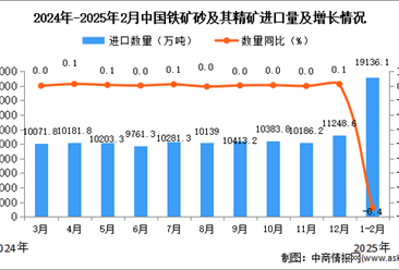 2025年1-2月中国铁矿砂及其精矿进口数据统计分析：进口量19136.1万吨