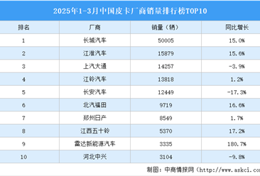 2025年1-3月中国皮卡厂商销量排行榜TOP10（附榜单）