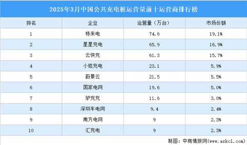 2025年3月中国公共充电桩运营量前十运营商排行榜（附榜单）