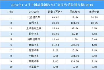 2025年1-3月中国新能源汽车厂商零售销量排行榜TOP10（附榜单）