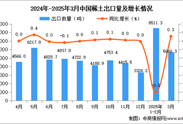 2025年3月中國(guó)稀土出口數(shù)據(jù)統(tǒng)計(jì)分析：出口量5666.3噸