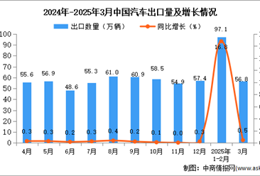 2025年3月中国汽车出口数据统计分析：出口量56.8万辆