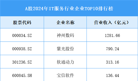 A股2024年IT服务行业企业TOP10排行榜（图）