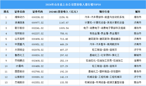 2024年中国山东省上市公司营业收入排行榜（附榜单）