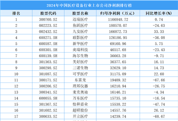 2024年中国医疗设备行业上市公司净利润排行榜（附榜单）
