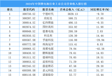 2024年中国锂电池行业上市公司营业收入排行榜（附榜单）