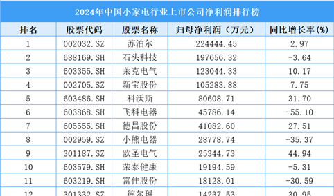 2024年中国小家电行业上市公司净利润排行榜（附榜单）