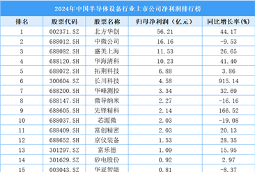 2024年中国半导体设备行业上市公司净利润排行榜（附榜单）