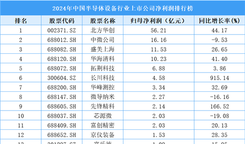 2024年中国半导体设备行业上市公司净利润排行榜（附榜单）
