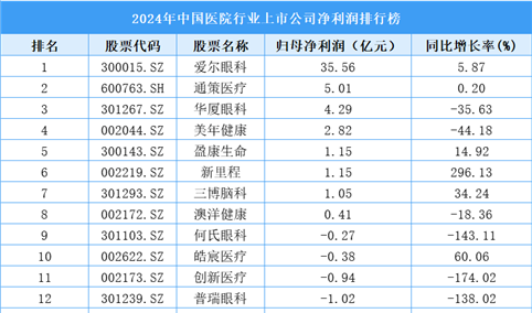 2024年中国医院行业上市公司净利润排行榜（附榜单）