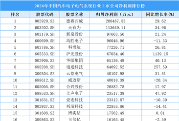 2024年中国汽车电子电气系统行业上市公司净利润排行榜（附榜单）