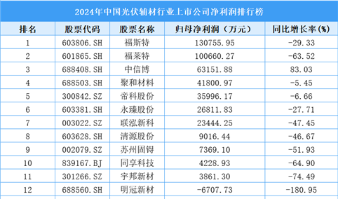 2024年中国光伏辅材行业上市公司净利润排行榜（附榜单）