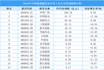 2024年中國新能源發(fā)電行業(yè)上市公司凈利潤排行榜（附榜單）