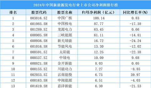 2024年中国新能源发电行业上市公司净利润排行榜（附榜单）