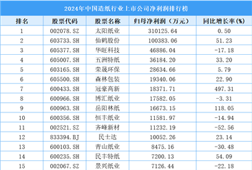 2024年中国造纸行业上市公司净利润排行榜（附榜单）