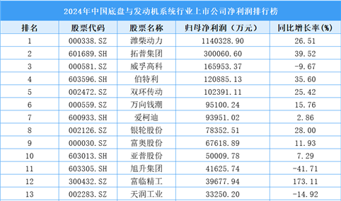 2024年中国底盘与发动机系统行业上市公司净利润排行榜（附榜单）