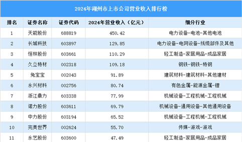 2024年湖州市上市公司营业收入排行榜（附榜单）