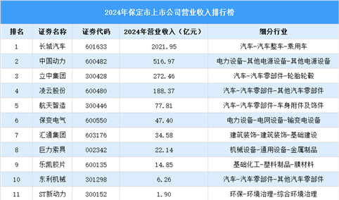 2024年保定市上市公司营业收入排行榜（附榜单）