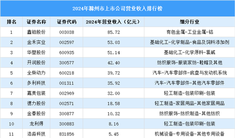 2024年滁州市上市公司营业收入排行榜（附榜单）