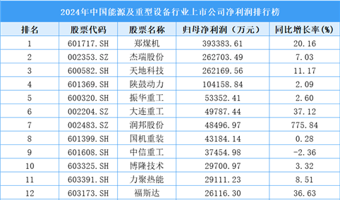 2024年中国能源及重型设备行业上市公司净利润排行榜（附榜单）