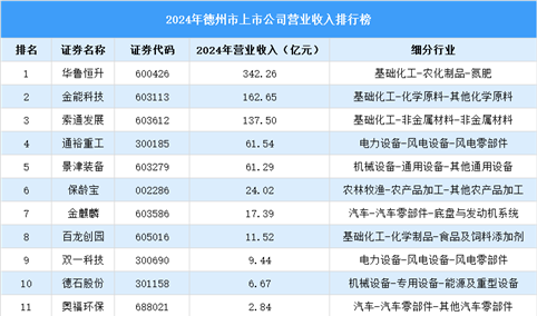 2024年德州市上市公司营业收入排行榜（附榜单）