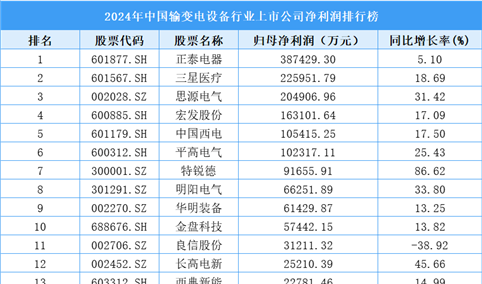 2024年中国输变电设备行业上市公司净利润排行榜（附榜单）