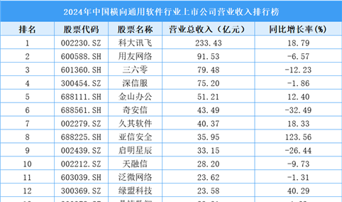 2024年中国横向通用软件行业上市公司营业收入排行榜（附榜单）