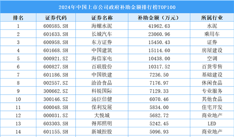 2024年中国上市公司政府补助金额排行榜TOP100（附榜单）
