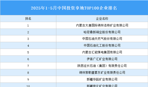 产业投资情报：2025年1-5月中国投资拿地TOP100企业排行榜（产业篇）