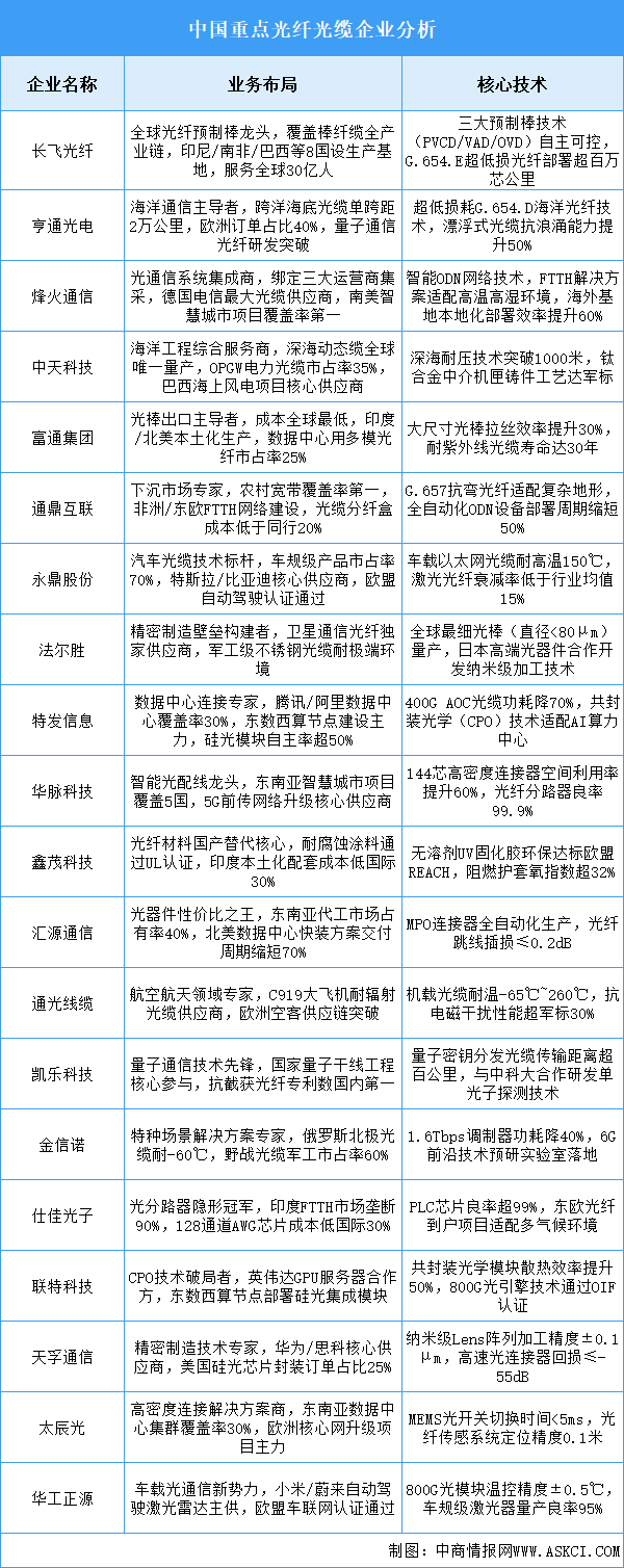2025年中國(guó)光纖光纜重點(diǎn)企業(yè)業(yè)務(wù)布局預(yù)測(cè)分析（圖）