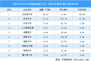 2025年5月中国新能源汽车厂商零售销量排行榜TOP10（附榜单）