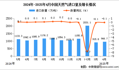 2025年4月中国天然气进口数据统计分析：进口量966.7万吨