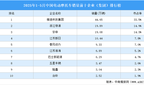 2025年1-5月中国电动摩托车销量前十企业（集团）排行榜（附榜单）