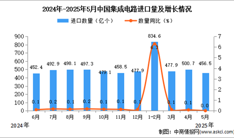 2025年5月中国集成电路进口数据统计分析：进口量456.5亿个