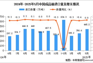 2025年5月中國成品油進口數(shù)據(jù)統(tǒng)計分析：進口量445.2萬噸