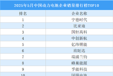 2025年5月中国动力电池企业销量排行榜TOP10（附榜单）