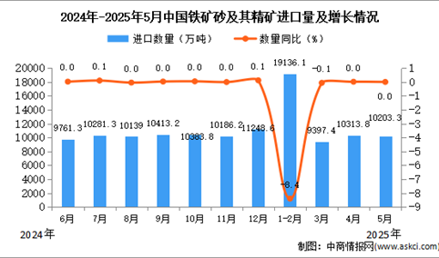 2025年5月中国铁矿砂及其精矿进口数据统计分析：进口量10203.3万吨