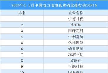 2025年1-5月中国动力电池企业销量排行榜TOP10（附榜单）