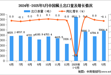 2025年5月中國稀土出口數(shù)據(jù)統(tǒng)計分析：出口量5864.6噸