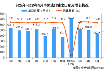 2025年5月中国成品油出口数据统计分析：出口量440.9万吨