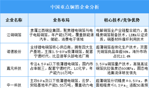 2025年中国铜箔重点企业业务布局预测分析（图）