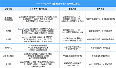 2025年中国CMOS图像传感器最具发展潜力企业（附名单）